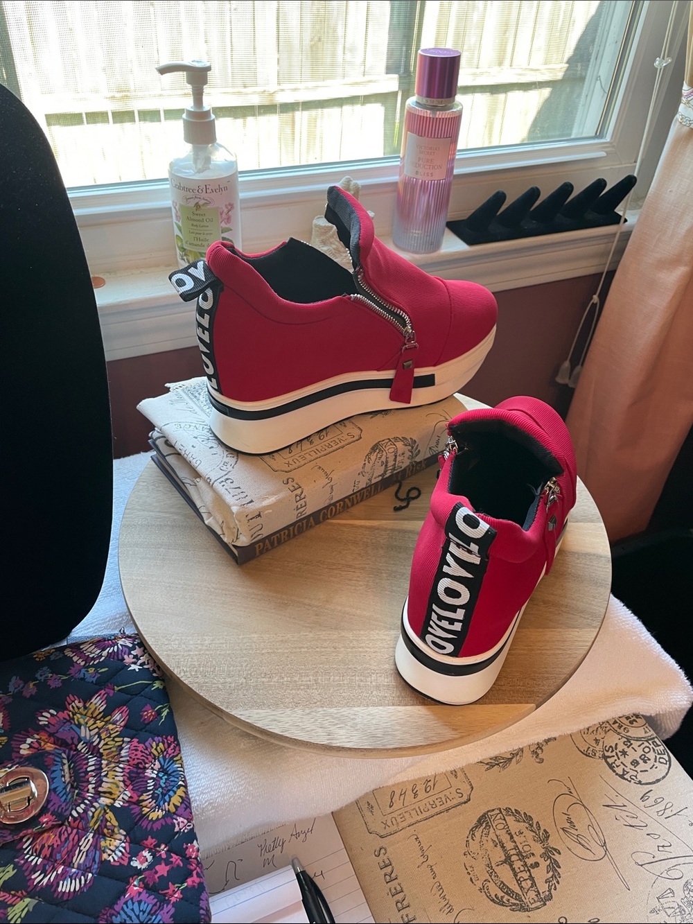 Women’s Red Platform Slip-On Sneakers with Zipper Accent